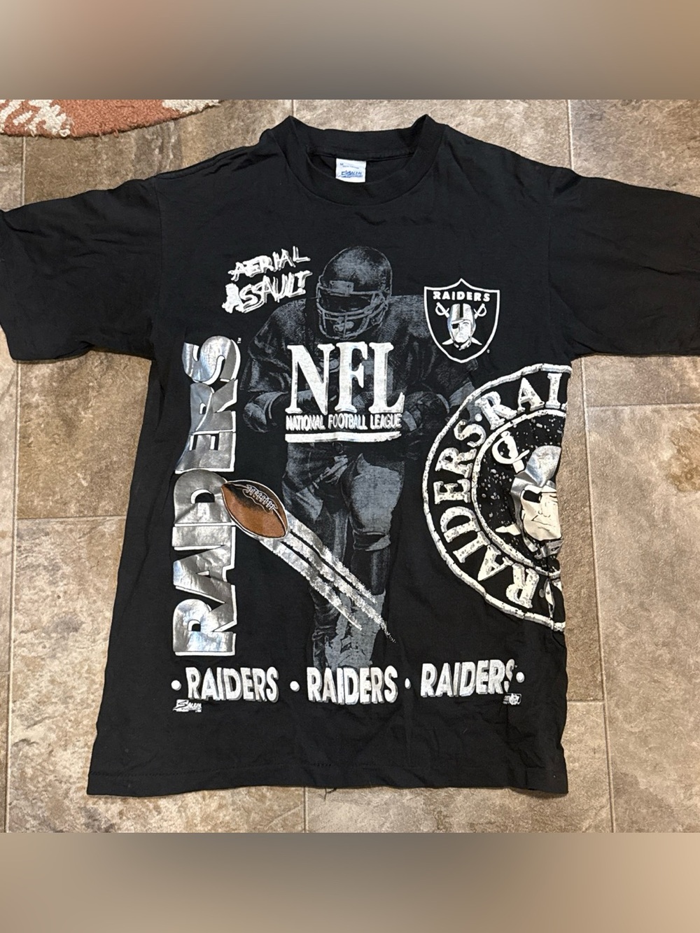 Vintage 1991 Oakland Raiders All Over Print T-Shirt Salem Sportswear Tag